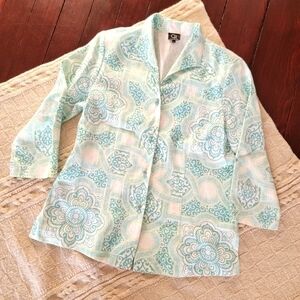 Connie Roberson Ronette Linen Blouse Jacket size S/M Green Blue Floral Print